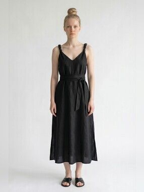 Pavietra Black Linen Dress Braided Straps Self-Tie Belt V-Neck Side Slits Midi